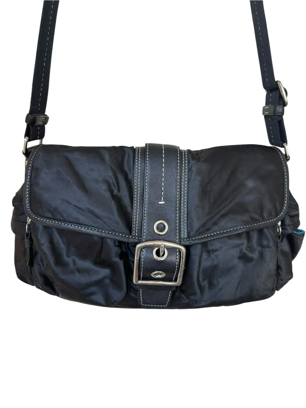 Vintage Coach Black Goth Punk Aesthetic Crossbody with Bright Blue Interior - Picture 1 of 15